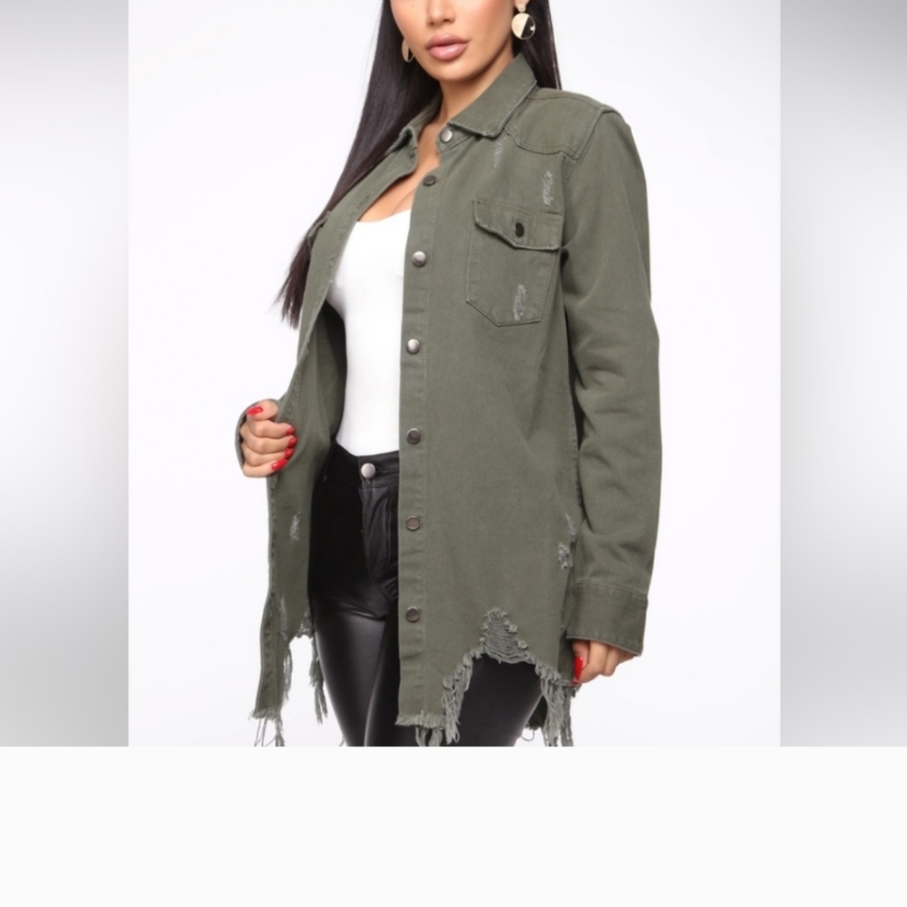Fashion Nova plus size olive green distressed jacket Like new